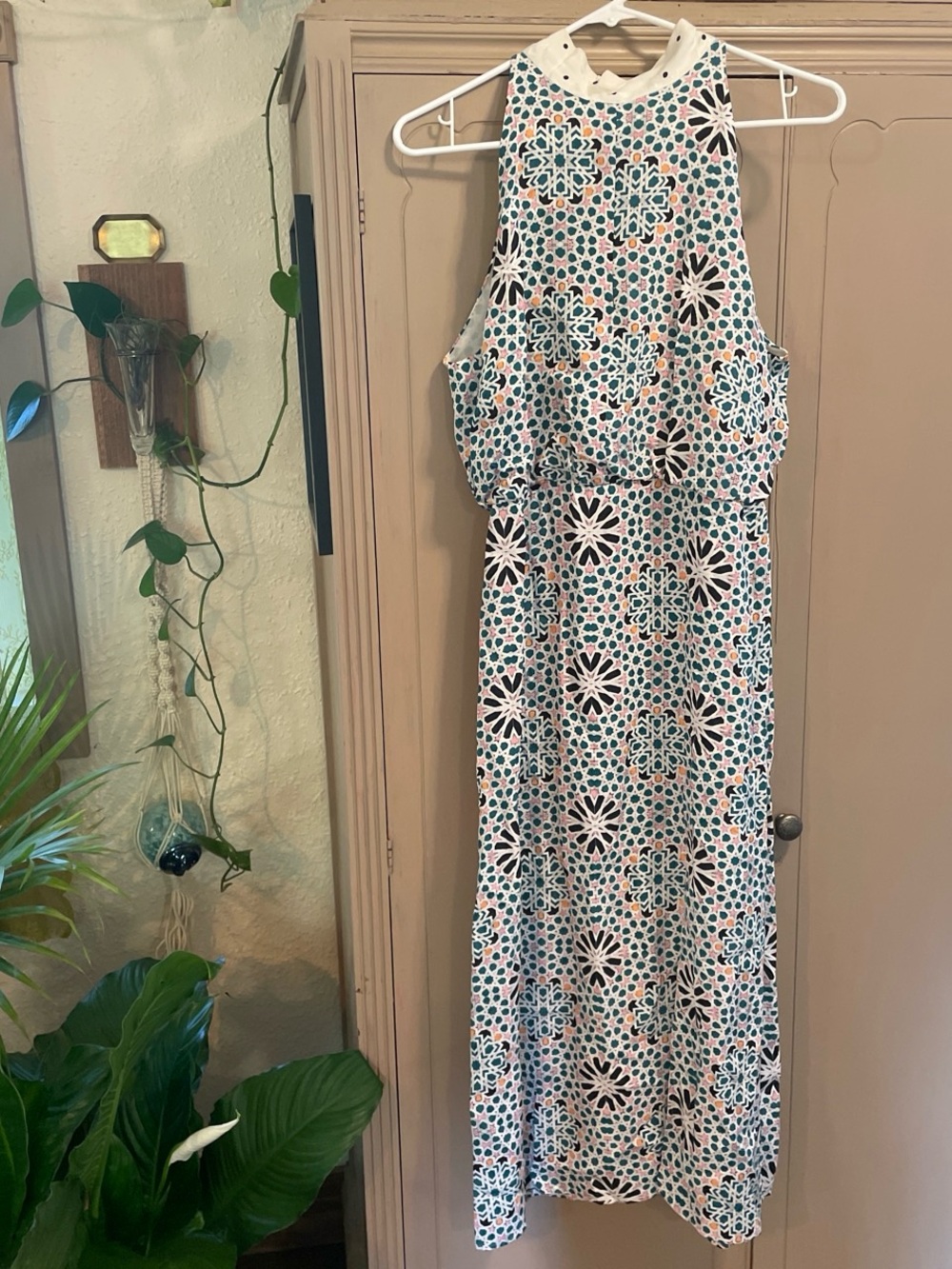 Sleeveless Maxi Dress in White with Teal & Peach Floral Print